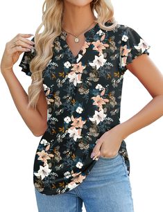 PRICES MAY VARY. Material：The Women's Casual Boho Floral Printed V Neck Tops and Blouses are crafted from lightweight and soft fabric, providing a comfortable feel against the skin. Design: Featuring folded pleats, a curved hem, and a graceful flow starting just below the v-neck, this blouse is designed to flatter. It also helps conceal any tummy concerns. The flutter sleeves and ruffled edges beautifully enhance the shape of your arms. Versatility: This blouse pairs perfectly with shorts, jeans Blouses V Neck, Short Sleeve Blouses, Womens Tops Dressy, Tops And Blouses, Skin Design, Flowy Sleeves, Jeans Leggings, Ruffle Shorts, Shorts Jeans