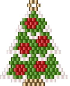 a cross stitch christmas tree with red and green ornaments on it's base, in the shape of an ornament