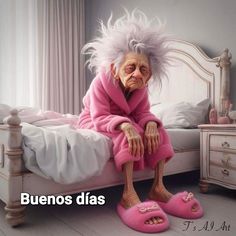 an old woman sitting on top of a bed wearing pink slippers with her hair blowing in the wind