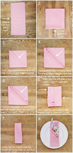 instructions to fold napkins on top of each other, with pictures showing how they are folded