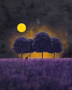 a painting of two trees in the middle of a field with a yellow moon behind them