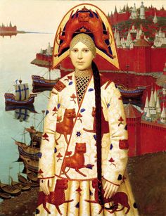 a painting of a woman with an umbrella over her head, standing in front of a harbor