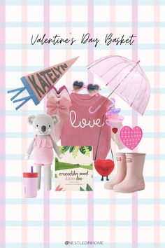 valentine's day gift basket with teddy bear, sweater, rain boots and umbrella