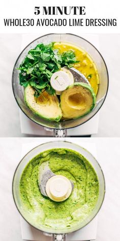 the steps to make an avocado smoothie in a food processor are shown