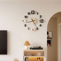 a living room filled with furniture and a clock on the wall