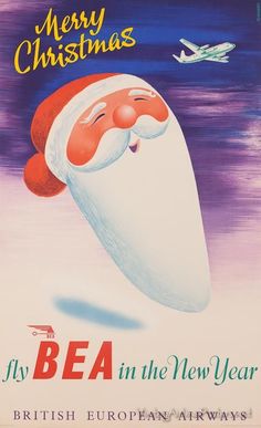 an old fashioned christmas card with a santa clause on it's face and the words, merry christmas fly in the new year british european airways