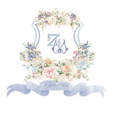 a watercolor painting of flowers and ribbons with the number forty on it's side