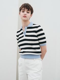 Editor's NotesThis collar knit top features monotone striped pattern, blue collar point. It can be styled in various ways.- Monotone striped- Blue collar point- Ribbed pattern- Cropped fit- Cool to touchMeasurements (in.)55 / 66- Chest: 34.65 in. / 36.61 in.- Hem: 29.92 in. / 31.89 in.- Shoulder: 13.78 in. / 14.17 in. - Sleeve length: 9.84 in. / 10.09 in.- Total length: 20.87 in. / 21.12 in.*Model info: 5' 7'' / Fitting size 55Composition & Care- 50% Cotton, 50% Acrylic- Dry cleanD Tomboy Chic, Ralph Lauren Style, Summer Boy, Latest Fashion For Women, Stripes Pattern, Blue Stripes, Color Matching, Baby Fashion