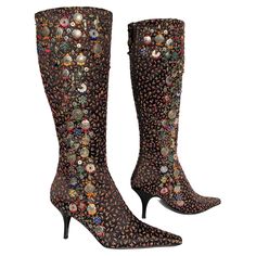 New Oscar de la Renta Coin Embellished and Embroidered Knee High Boots Vintage Early 90's Italian size 37 ( US 7 ) Black satin embroidered boots finished with exquisite silver-tone coins with different symbols, and charms. Fully lined in leather, back zip closure, heel height - 3 inches. Made in Italy. New without box. Satin Noir, Embroidered Boots, Ethiopian Opal Ring, Boots Vintage, Fringe Boots, Black Satin, High Boots, Knee High Boots, Knee High