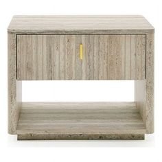 the side table is made out of wood and has a yellow handle on it's drawer