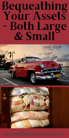 an old red car parked next to a pile of pillows