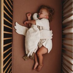 a baby is sleeping in a crib with a stuffed animal on it's back