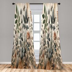 an open window with curtains in the shape of flowers and leaves on it, against a gray wall