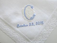 Gorgeous white Irish linen handkerchief personalized with classic Zundt style 1-initial monogram and your wedding date.What an exquisite lace handkerchief for the beautiful bride and/or for the Mother of the Bride and Mother of the Groom!Handkerchief Size~~Approx. 10"x10"Handkerchief Color~~White 1" Cotton LaceColor of Monogram shown in main photo (R) ~white initial on pastel blue scroll work, date in white thread Color of Monogram shown in second photo (C) ~ pastel blue initial on ivory scroll Groom Handkerchief, Bride And Mother, Lace Handkerchief, Photo C, Scroll Work, Initial Monogram, Irish Linen, Wedding Date, The Groom