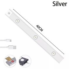 the silver led strip is attached to an external charger and plugged into a usb cable