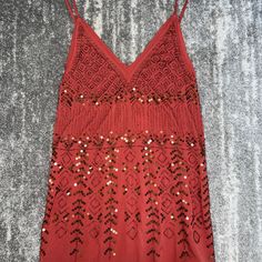 This Dress Is From Free People And Is A Size Xs. It Has Never Been Worn And Still Had The Tags On It. It Is A Beautiful Burnt Red/Oragne Color With Brass Sequins And Embroidery. It Is The Perfect Festive Dress For The Holidays! Beach V-neck Sequin Dress, Sequin V-neck Beach Dress, V-neck Sequin Beach Dress, Red Sleeveless Sequin Dress For Summer, Beach Dress With Sequins And Spaghetti Straps, Summer Holiday Sequined Mini Dress, Summer Festival Embellished Sequin Dress, Red Beaded Summer Dresses, Sleeveless Embellished Festival Dress