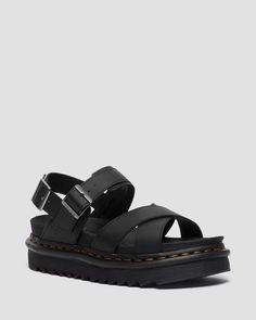 Voss II Women's Leather Strap Sandals in Black | Dr. Martens Strapped Sandals With Leather Footbed For Summer, Strapped Leather Platform Sandals, Double Strap Sandals With Rubber Sole For Spring, Spring Double Strap Sandals With Rubber Sole, Black Sandals With Stitched Sole For Summer, Black Summer Sandals With Stitched Sole, Summer Double Strap Sandals With Rubber Sole, Summer Leather Sport Sandals With Leather Footbed, Summer Double Strap Sandals With Leather Sole