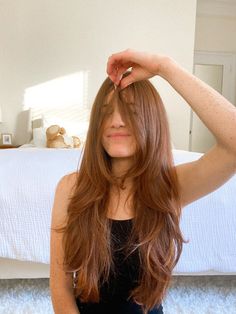 wedding updo with curtain bangs Curtain Bangs Long Red Hair, Round Haircut Long, Red Hair For Tan Skin Tone, Round Layers Haircut Long Bangs, Hair Cuts For Teen Girls Long, Long Brown Hair Haircut, Copper Hair With Curtain Bangs, Long Brown Hair With Layers Face Framing, Long Brown Hair Cuts