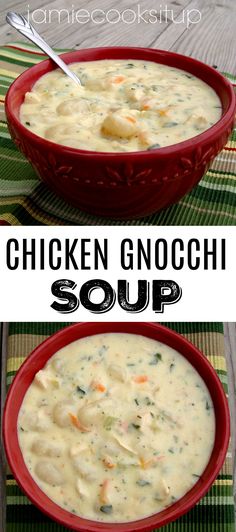 chicken gnocchi soup in a red bowl with a spoon