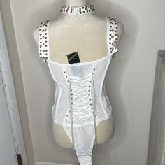 Wow Couture Size Large New With Tags White W/ Gold Studs Bandage Material Side Zipper Ribbon Corset Back Stretchy Good Condition Ribbon Corset, Bandage Bodysuit, Corset Back, Couture Tops, Gold Studs, Side Zipper, Ribbon, White Gold, Couture