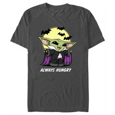 This season when your Mandalorian armor is at the cleaners, give this officially licensed Star Wars: The Mandalorian Halloween Grogu Vampire Costume Always Hungry Men's T-Shirt a try instead! Take up the reins as a Mandalorian gunfighter exploring the galaxy. This awesome Star Wars tee features Grogu, the cute green baby alien dressed up as a vampire with the phrase: "Always Hungry." Celebrate the Star Wars-inspired television series, The Mandalorian with this fun tee today! Halloween Themed Tops For Fan Conventions, Pop Culture Top For Halloween Cosplay, Halloween Cosplay Top With Character Print, Halloween Cosplay Tops With Character Print, Character Print Tops For Halloween Cosplay, Black Fandom T-shirt For Halloween, Halloween Fandom Short Sleeve Tops, Fandom Halloween Short Sleeve Tops, Halloween Fandom Tops For Fan Merchandise