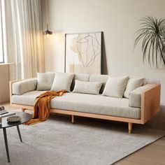 a living room with a couch, coffee table and potted plant