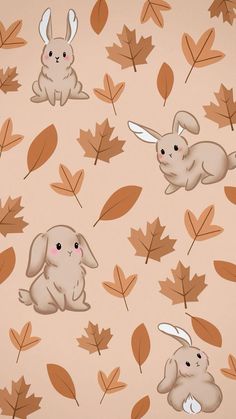 two rabbits sitting in the middle of leaves on a pink background with orange and brown colors