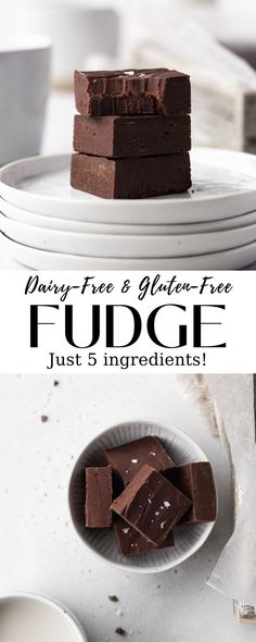 chocolate fudge with text overlay that reads dairy - free and gluten - free fudge just 5 ingredients