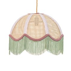 a light hanging from the ceiling with fringes on it's sides and an oval shade