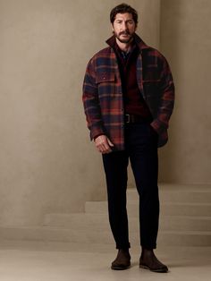 Heritage Plaid Shirt Jacket | Banana Republic Plaid Jacket Outfit, Mens Fashion Outfits, Flannel Outfits Men, Red Plaid Jacket, Plaid Shirt Outfits, Shirt Outfit Men, Youtube Seo, Marketing Management, Flannel Outfits