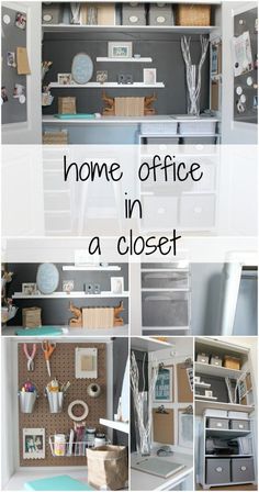 an organized home office in a closet with lots of storage and crafting supplies on the shelves