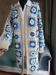 Crochet Long Cardigan, Knitted Long Sleeve Square Patterned Cardigan, Handmade Bohemian Cardigan, Gift For Mom My long cardigan in blue tones, which I crocheted, is one of the trend colors of the year ☺️  Length: 90cm  If you would like a different size and length, please contact me. Bohemian Knitted Long Sleeve Cardigan, Beige Crochet Knit Cardigan, Bohemian Knitted Sweater Coat For Fall, Bohemian Long Sleeve Knitted Cardigan, Bohemian Knit Cardigan With Crochet Details, Bohemian Crochet Knit Cardigan, Bohemian Knitted Cardigan For Fall, Bohemian Fall Knit Cardigan, One Size Long Crochet Cardigan