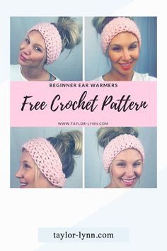 the free crochet headband pattern is shown in four different pictures with text overlay