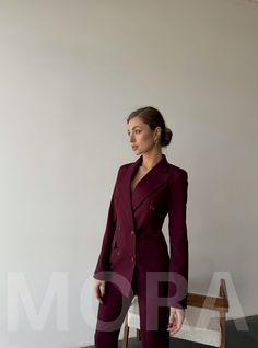 Burgundy Suits Women, Maroon Pantsuit Women, Long Sleeve Blazer For Business Meetings, Long Sleeve Office Style Blazer For Business Meetings, Office Lady Long Sleeve Blazer For Business Meetings, Tailored Long Sleeve Pantsuit For Formal Occasions, Tailored Professional Blazer Dress For Formal Occasions, Tailored Professional Blazer Dress For Formal Events, Tailored Blazer For Business Meetings