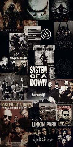 the poster for system of a down is shown in black and white, with many different images