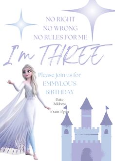 a frozen princess birthday card with the words, i'm threet please join us for