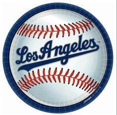 a paper plate with baseballs and other sports items on it that says los angeles dodgers