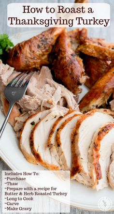 how to roast a thanksgiving turkey on a white plate with a fork and garnish