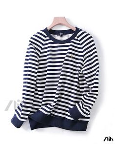 Zlily - Classic Striped Embroidered Sweatshirt Hoodie with Pullover Design Striped Long Sleeve Sweatshirt For Winter, Striped Long Sleeve Hoodie For Fall, Navy Long Sleeve Sweatshirt, Striped Cotton Hooded Sweatshirt, Embroidered Long Sleeve Trendy Hoodie, Striped Sweatshirt With Ribbed Cuffs For Winter, Striped Winter Sweatshirt With Ribbed Cuffs, Trendy Long Sleeve Embroidered Hoodie, Casual Striped Hoodie Sweatshirt