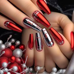 Silver And Red Nail Designs, Nail Art With Chrome, Glamgoth Nails, Red And Silver Nails, Red Chrome Nails, Christmas Nail Design, Toenail Art, Nail Designs Ideas, Red Nail Art