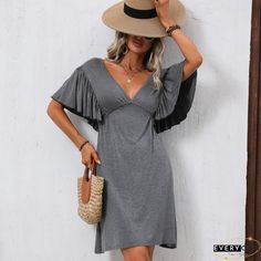 Details: Ruffle Sleeve Solid V Neck Casual Mini Dress Solid color High waist Mini length Skin friendly Fabric: rayon Size: S. M. L. XL. For more country size measurements. please click here. Size/In US Bust Waist Length S 4-6 36.22 24.40 33.85 M 8-10 38.18 26.37 34.44 L 12-14 40.15 28.34 35.03 XL 16-18 42.91 31.30 35.62 Please allow 0.4"-0.8" differs due to manual measurement.