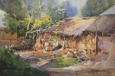 a watercolor painting of a village with a thatched roof and trees in the background