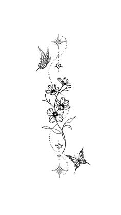 a black and white drawing of flowers with butterflies