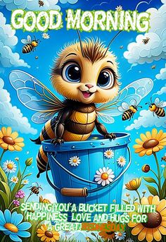 a cartoon bee sitting on top of a blue bucket filled with bees and daisies