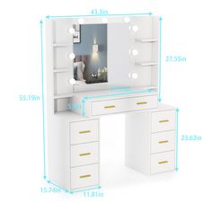 an image of a dressing table with lights on it and drawers in front of the mirror