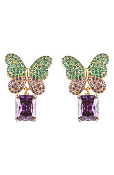 Pavé cubic zirconia bring stunning sparkle to butterfly stud earrings suspending purple cubic zirconia drops for a pretty pop of color. 1" drop Post back Goldtone plate/cubic zirconia Imported Purple I, Butterfly Stud Earrings, Butterfly Earrings Stud, Cz Earrings, Butterfly Earrings, Butterfly Pendant, Crystal Gems, Accessories Earrings, Jewelry Set