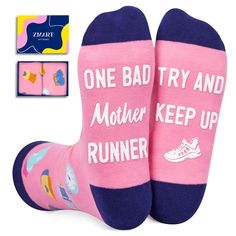 PRICES MAY VARY. FUNNY RUNNING SOCKS: These pink running socks feature running shoes, sports clothes, a sports watch, water bottles, a stopwatch, and a baseball cap. The phrase "ONE BAD MOTHER RUNNER TRY AND KEEP UP" is also featured on the soles of the socks. EXTENSIVE COVERAGE: Fits a vast range, covering women's shoe sizes 6-12 and sock sizes 8-13. Each exclusive gift box contains one pair of funny socks. EXQUISITE COMFORT: Delight in the plush comfort of our socks, constructed from 80% cotto Bad Mother, Funny Running, Yoga For Runners, Mother Runner, Ballet Gift, Sports Clothes, Running Humor, Running Gifts, Dance Gifts