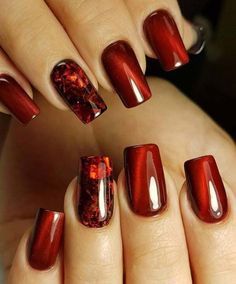 Red Nail Designs Fall Art Ideas, Ruby Red Nail Designs, Red Nail Art Elegant, Red Elegant Nails, Red Autumn Nails, Ruby Red Nails, Lava Nails, Ruby Nails, Nails Grunge