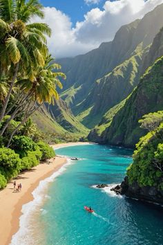 the beach is surrounded by lush green mountains and blue water with people in boats on it