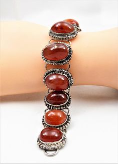 Carnelian Bracelet Oval Carnelian Cabochons Silver Plate Formal Adjustable Oval Bracelet, Adjustable Oval Metal Bracelets, Vintage Adjustable Bracelet With Oval Links, Adjustable Oval Cabochon Bracelet, Vintage Adjustable Oval Link Bracelets, Carnelian Bracelet, Bead Frame, Vintage Jewelry Sets, Chunky Chain Necklaces